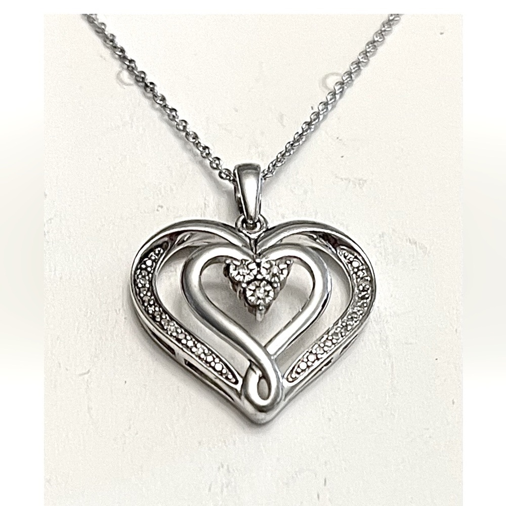 Signed JJ STERLING SILVER 925 11 Diamond Heart Pendant 18” Italy Chain Necklace - Picture 4 of 4